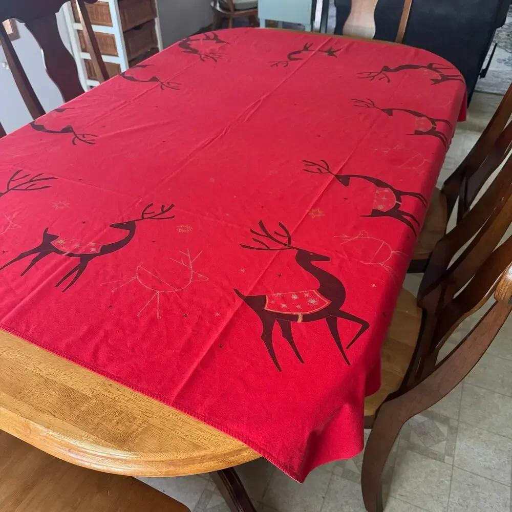 California Hand Prints Reindeer Tablecloth 52x66 Inches Red Christmas Cotton